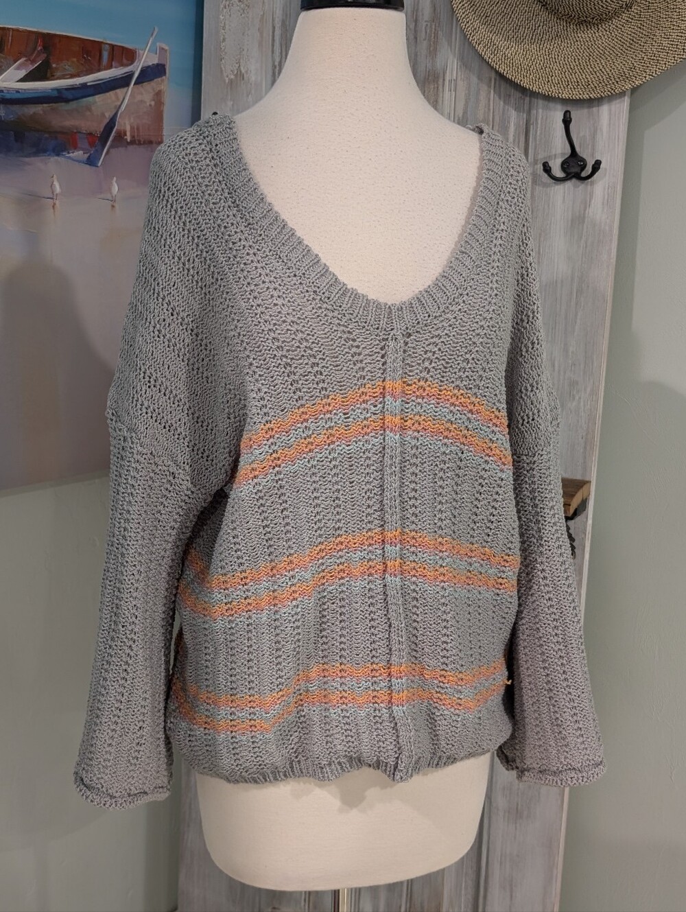 Vici Gray V-Neck Knit Sweater with Peach Stripes
